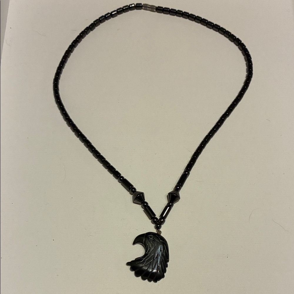 Black Beaded Necklace with Eagle Pendant